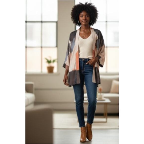 Soft Surroundings Tops - Soft Surroundings Ainsley Abstract Open Kimono Satin Art Sz S/M EUC